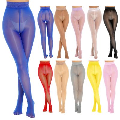 Women Glossy High Waist Tights Stocking Sheer Closed Toes Floral Lace Pantyhose